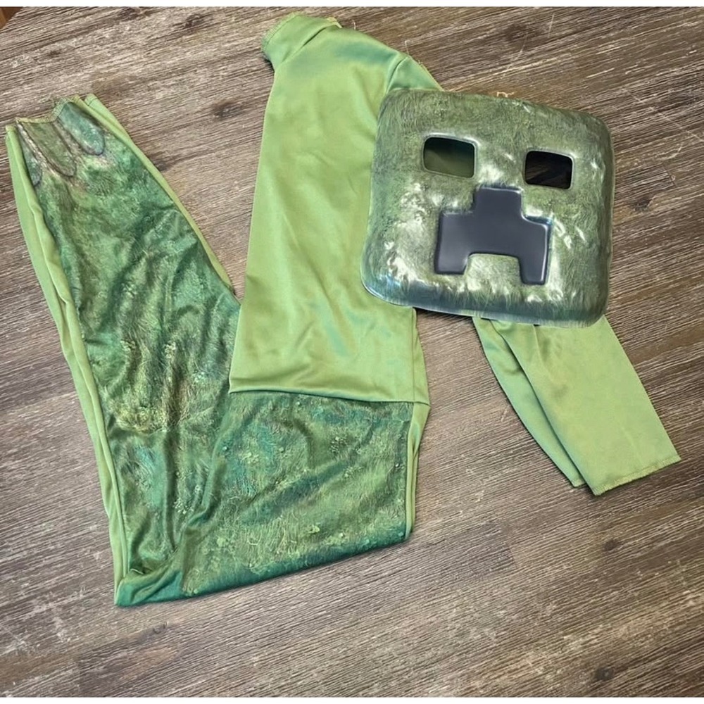Minecraft Movie Creeper Kids Costume Size L 10/12 Jumpsuit Mask Halloween
